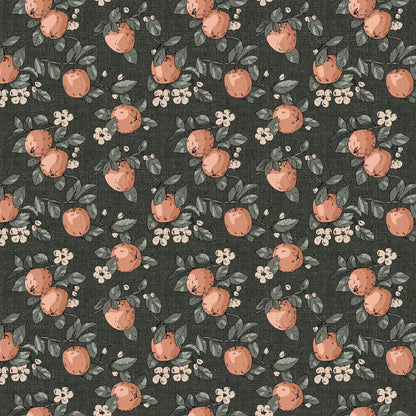 Fabric with a spruce background with apple illustration design. from Klara FIGO Fabrics fat quarter bundle Bernadett Urbanovics 