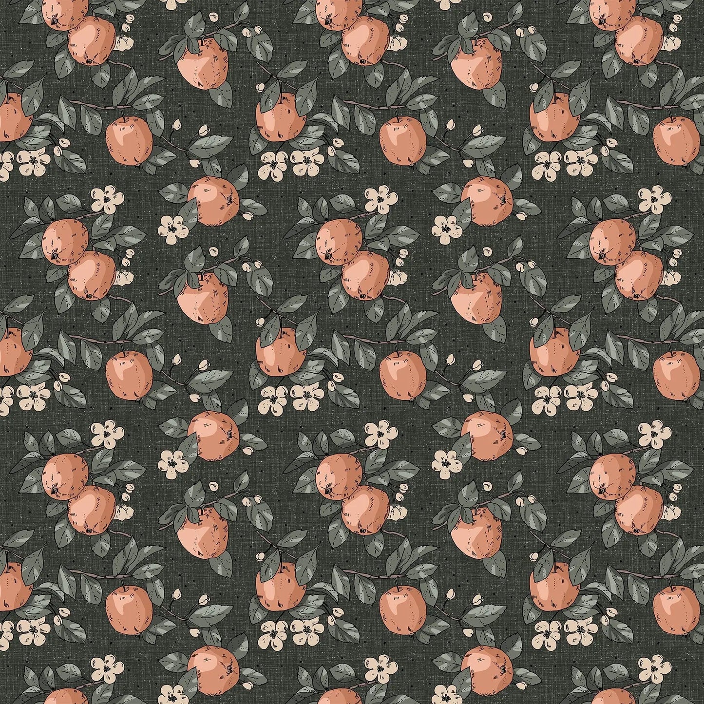 A textured dark gray background with patterned apple illustration fabrc. rayon fabric. 100% rayon for garment making flowy dresses blouses