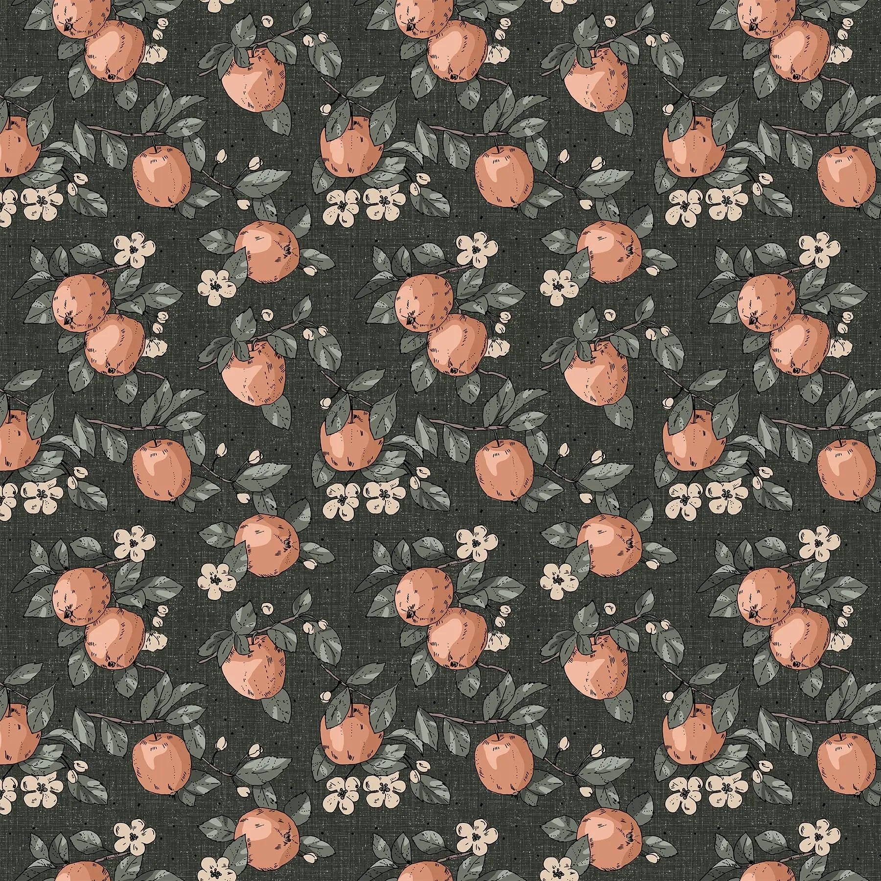 A textured dark gray background with patterned apple illustration fabrc. rayon fabric. 100% rayon for garment making flowy dresses blouses