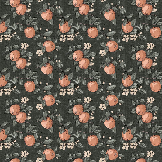 A textured dark gray background with patterned apple illustration fabrc. rayon fabric. 100% rayon for garment making flowy dresses blouses