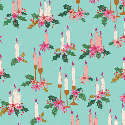 Fabric with pattern of candles and holly leaves on a teal background