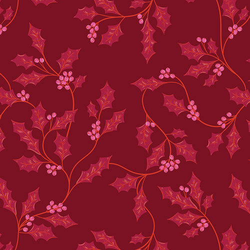 Fabric with pattern of holly leaves and berries on a red background