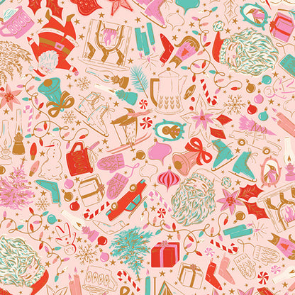 Fabric with Colorful Christmas-themed pattern on a pink background