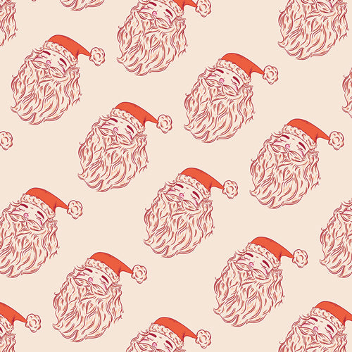 Fabric with pattern of Santa Claus faces with red hats on a beige background
