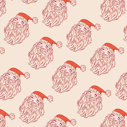 Fabric with pattern of Santa Claus faces with red hats on a beige background