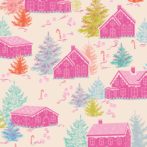 Fabric with pattern of pink houses and Christmas trees on a beige background