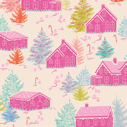 Fabric with pattern of pink houses and Christmas trees on a beige background