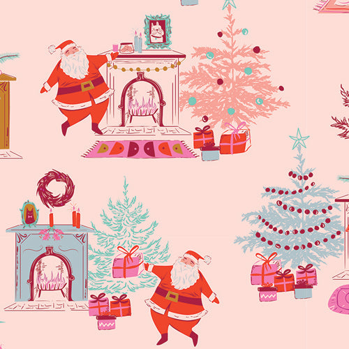 Fabric with christmas-themed pattern with Santa Claus, trees, and presents on a pink background