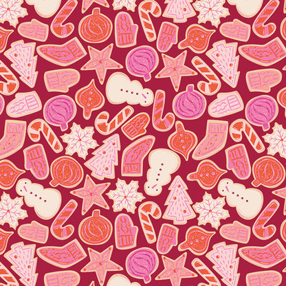 Fabric with pattern of Christmas-themed cookies and candies on a red background