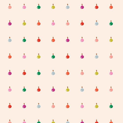 Fabric with Pattern of colorful Christmas ornaments on a beige background