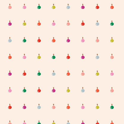 Fabric with Pattern of colorful Christmas ornaments on a beige background