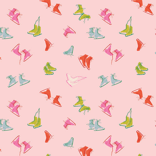 Fabric with pattern of colorful ice skates on a pink background