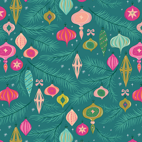 Fabric with colorful Christmas ornament and tree branch pattern on a teal background