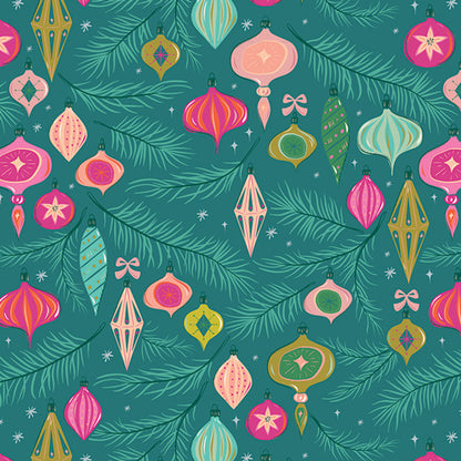 Fabric with colorful Christmas ornament and tree branch pattern on a teal background