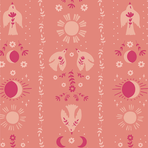 Patterned fabric design with birds, flowers, and suns on a pink background