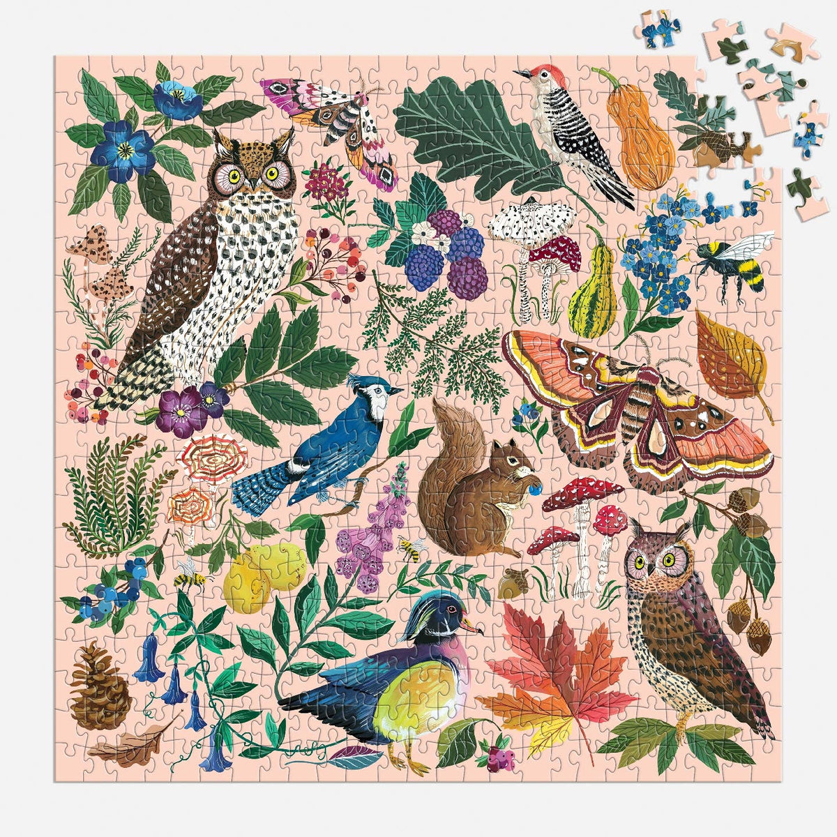 Jigsaw puzzle with nature-themed design featuring animals and plants on a pink background