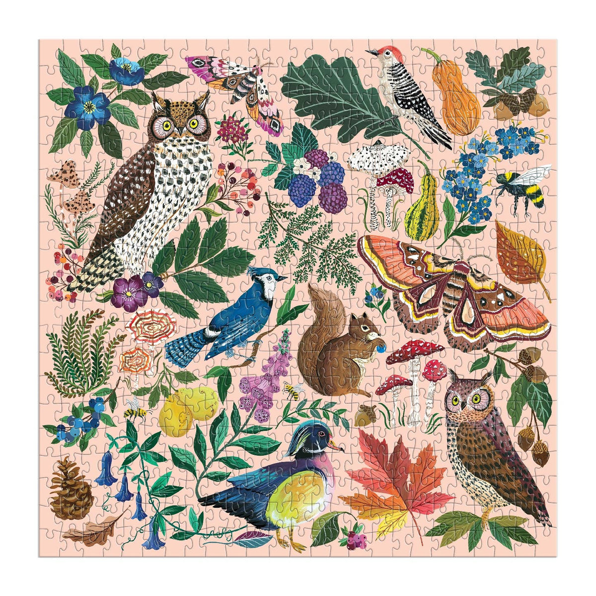 Jigsaw puzzle with nature-themed design featuring animals and plants on a pink background