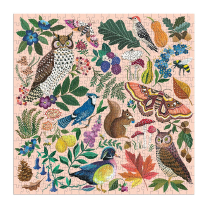 Jigsaw puzzle with nature-themed design featuring animals and plants on a pink background