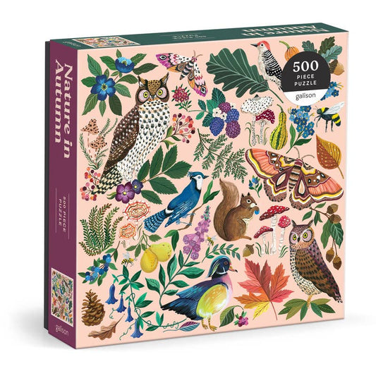 Gallion Nature in Autumn puzzle box with colorful illustrations of nature elements on a pink background
