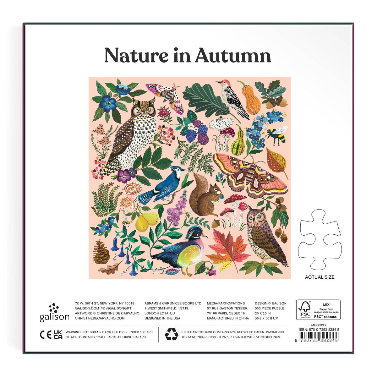 Jigsaw puzzle packaging with 'Nature in Autumn' design featuring animals and plants.