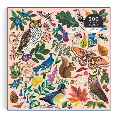 Gallison 500 piece puzzle with nature-themed design featuring animals and plants on a pink background.