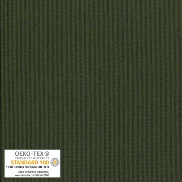 Textured cotton knit green fabric with OEKO-TEX certification label