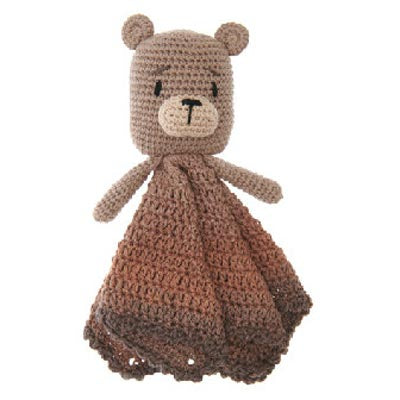 Crochet Brown teddy bear-shaped plushie with a blanket on a white background