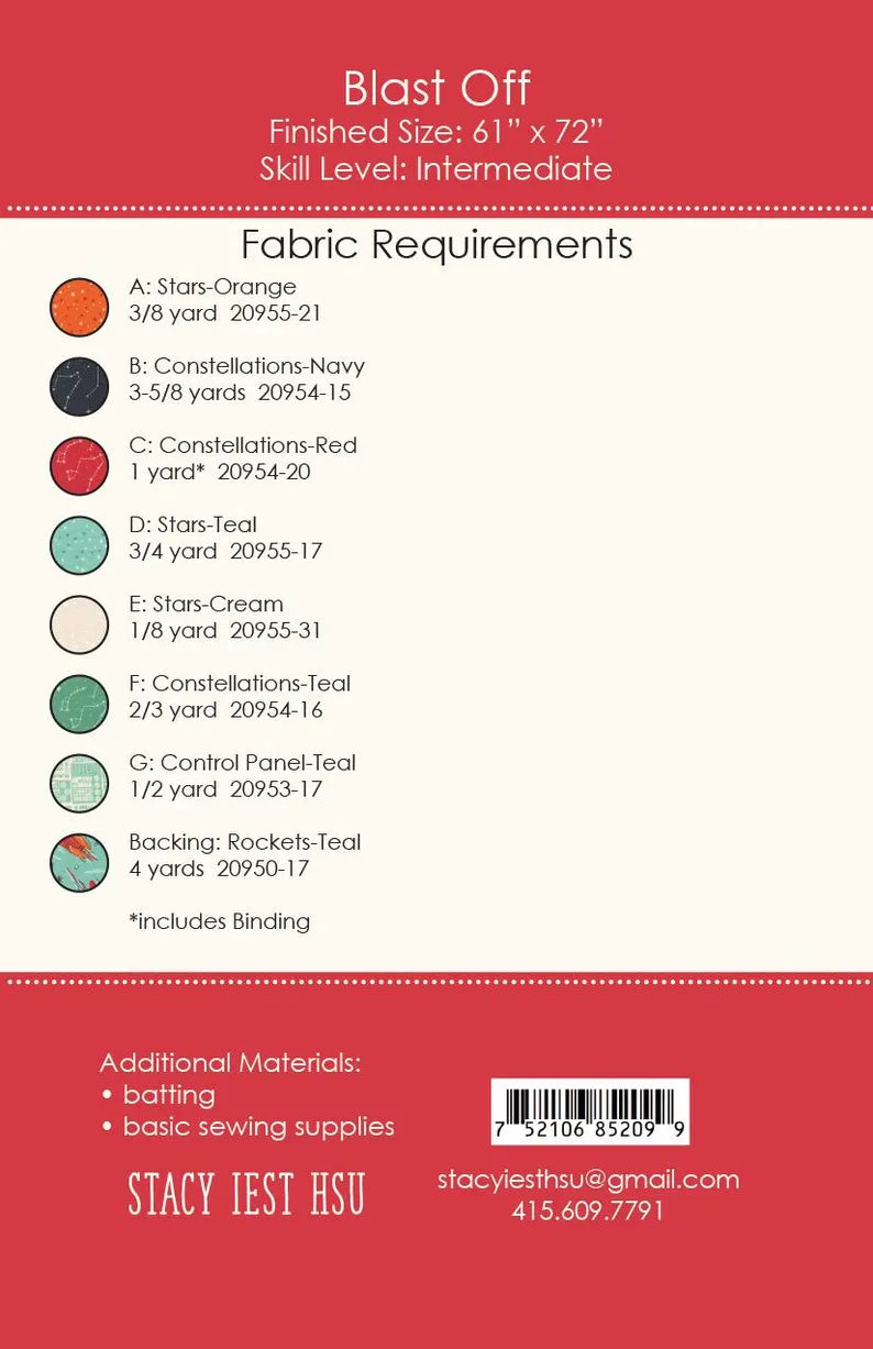 Fabric requirements chart for a quilt project with color codes and yardages on a red background.