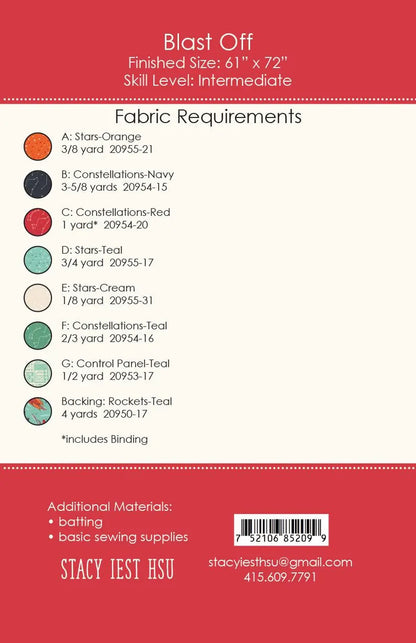 Fabric requirements chart for a quilt project with color codes and yardages on a red background.