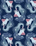 fabric showing science beaker and potion on a dark blue background. Atomic Blueberry from Dear Stella 100% cotton. 
