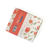 A stack of fat quarters with a floral design, featuring a red and white color scheme, and the brand 'Art Gallery' and designer's signature 'Elizabeth Chappell' are visible on the packaging.