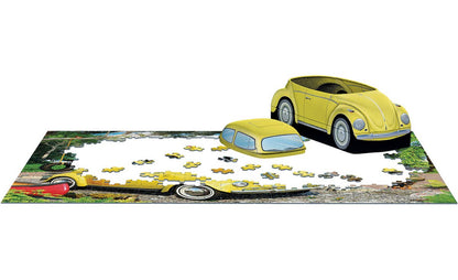 Yellow vintage car puzzle with completed pieces on a white background