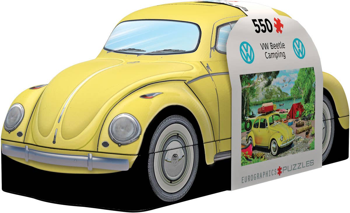 Yellow Volkswagen Beetle puzzle box with a scenic illustration on the side.