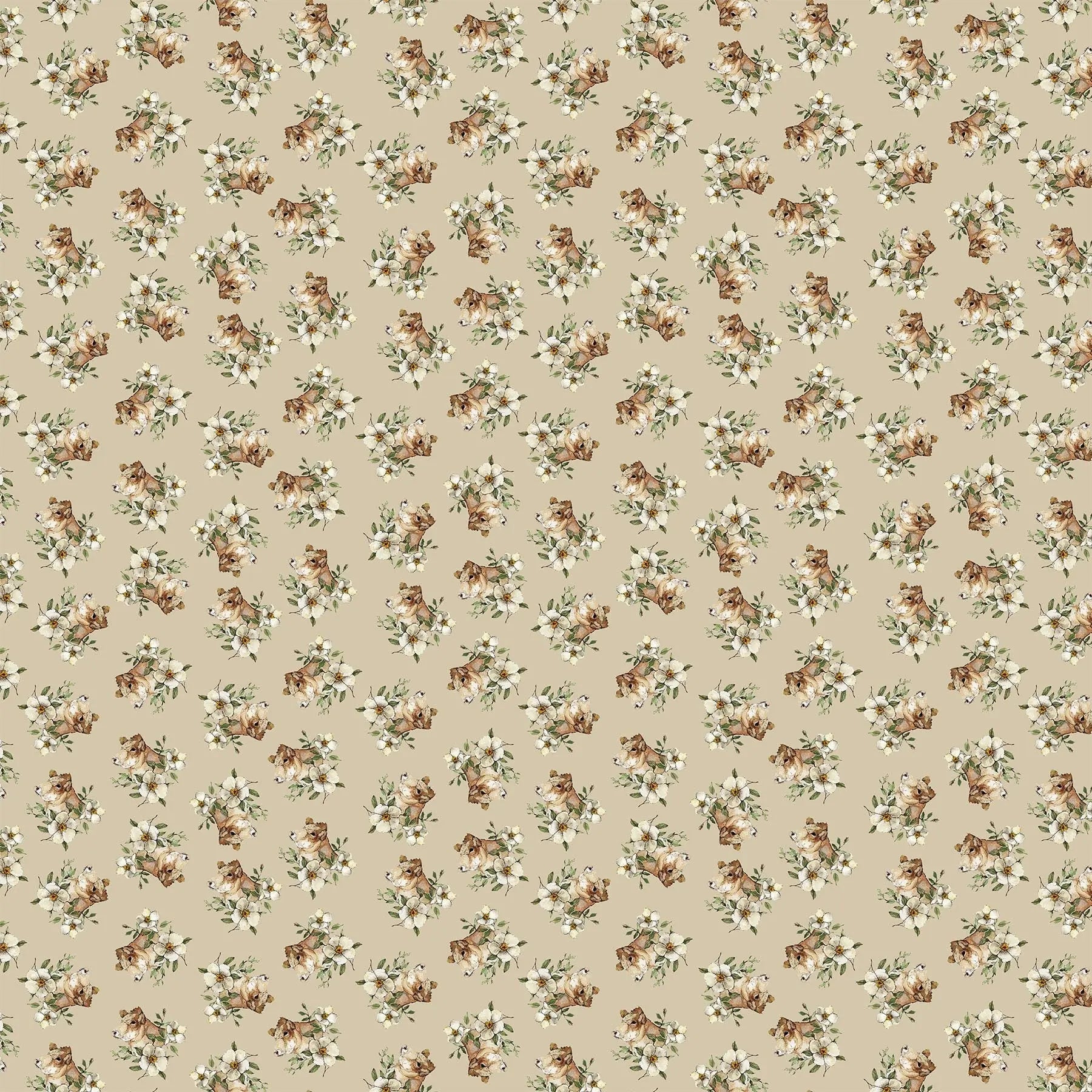 tan colored fabric with small flower and cow illustrations.  typically used for quilting and crafting. from Country Side Comforts from FIGO Fabrics 