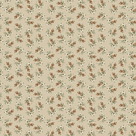 tan colored fabric with small flower and cow illustrations.  typically used for quilting and crafting. from Country Side Comforts from FIGO Fabrics 
