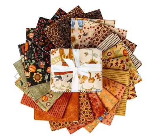 A collection of 21 different Riley Blake fabric fat quarters arranged in a circular pattern, with a variety of colors and patterns including floral, animal, and geometric designs. bittersweet farm