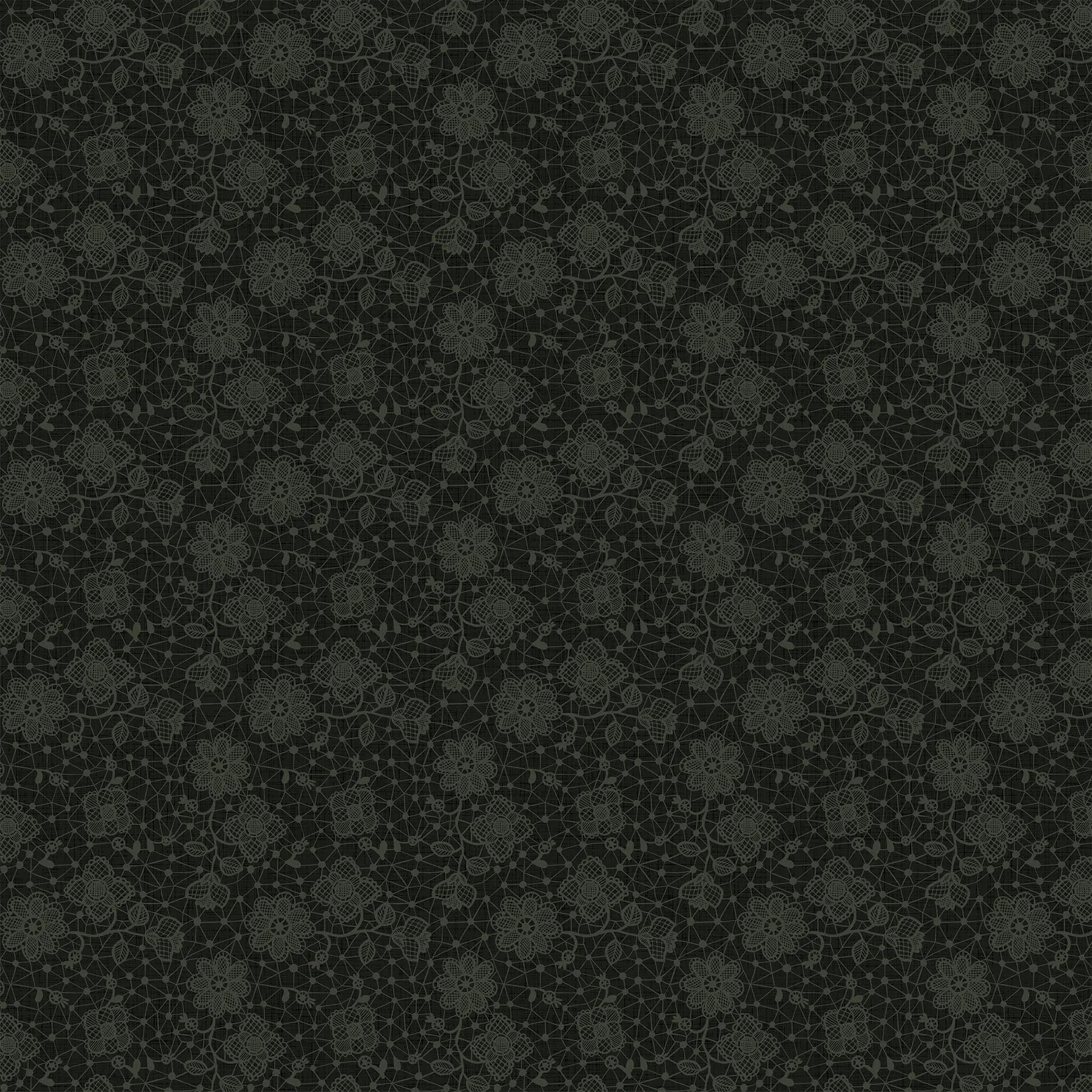 Fabric with a black background and a gray doily illustration design. from Klara FIGO Fabrics fat quarter bundle Bernadett Urbanovics 