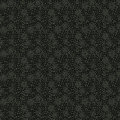 Fabric with a black background and a gray doily illustration design. from Klara FIGO Fabrics fat quarter bundle Bernadett Urbanovics 