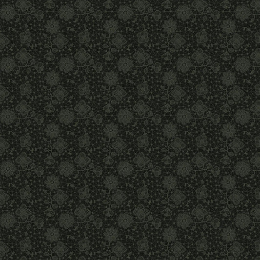 Fabric with a black background and a gray doily illustration design. from Klara FIGO Fabrics fat quarter bundle Bernadett Urbanovics 