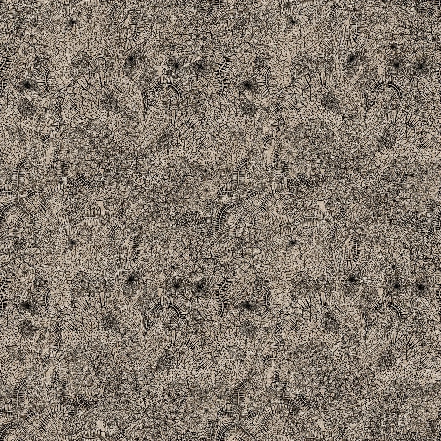 Black and white floral pattern on a textured background. Linen cotton blend fabric material for sewing. 