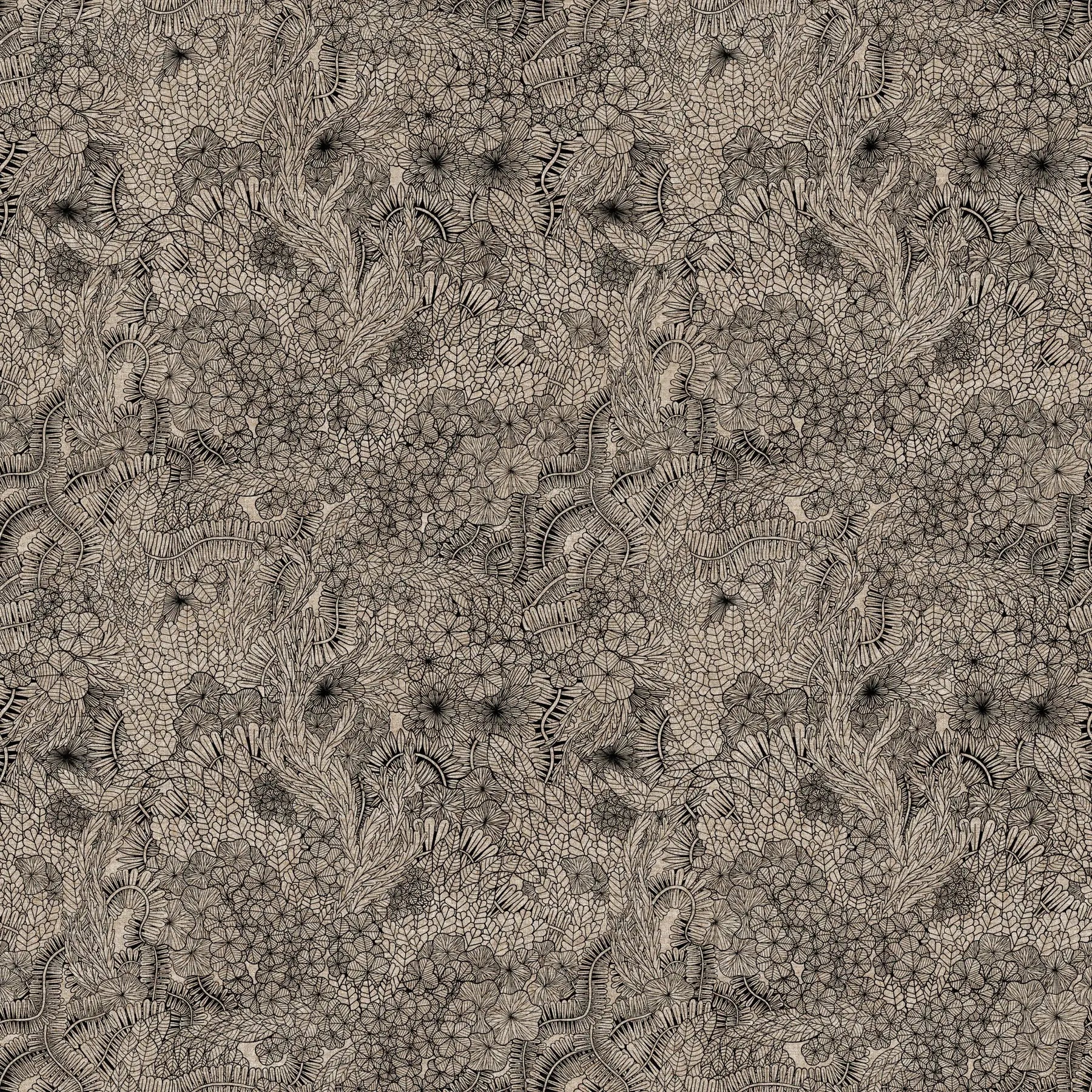 Black and white floral pattern on a textured background. Linen cotton blend fabric material for sewing. 