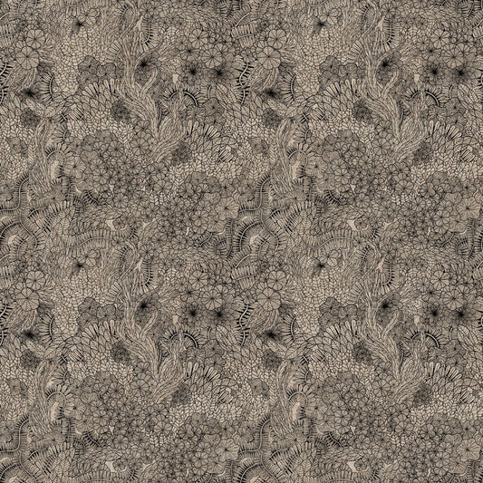 Black and white floral pattern on a textured background. Linen cotton blend fabric material for sewing. 