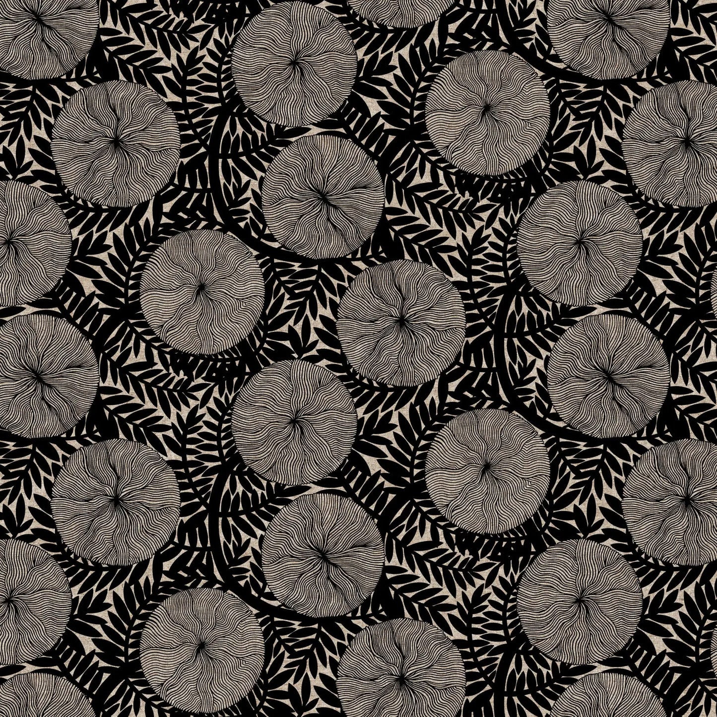 Black and white pattern with circular shapes and leaf-like lines on a black background. Linen cotton blend fabric material for sewing. 