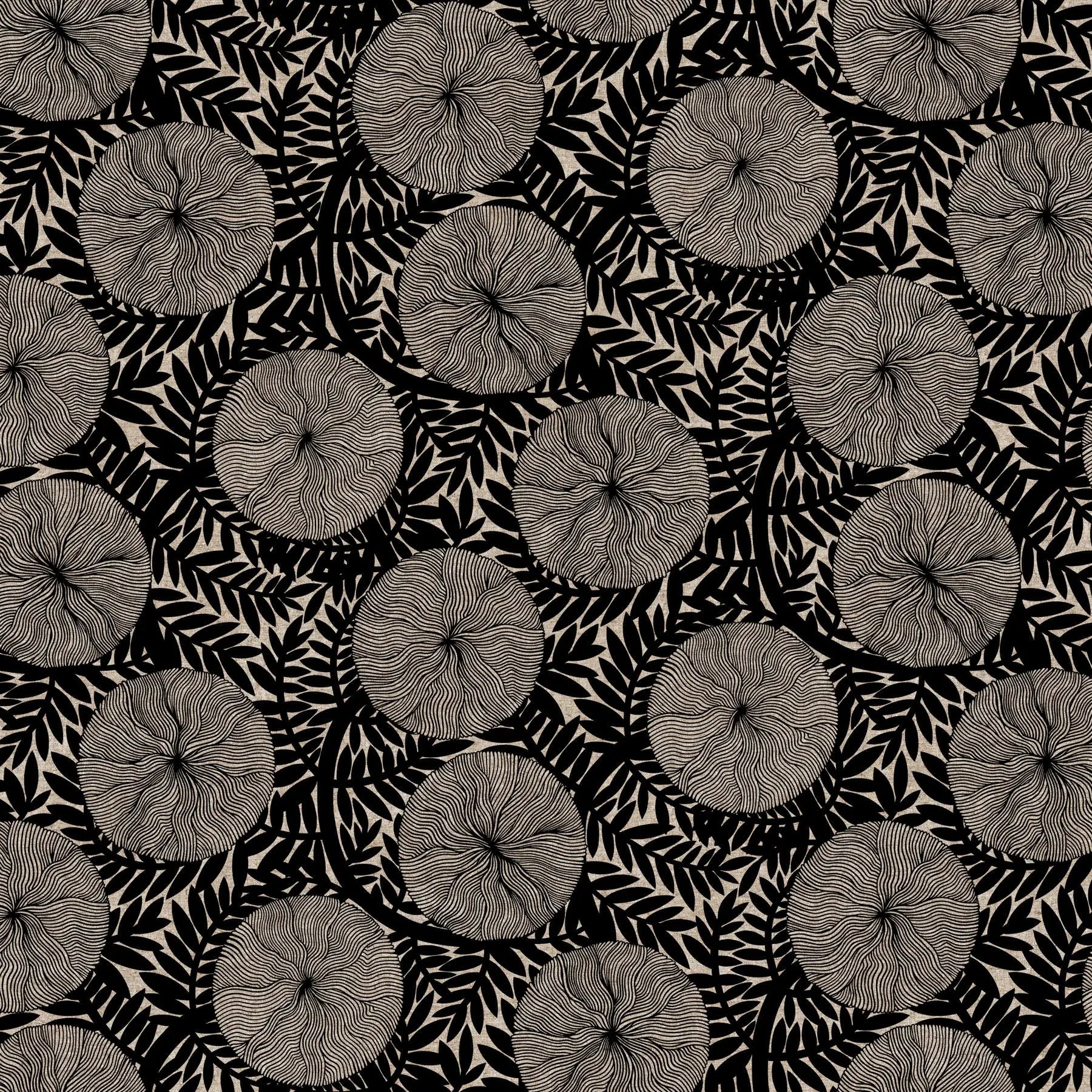 Black and white pattern with circular shapes and leaf-like lines on a black background. Linen cotton blend fabric material for sewing. 