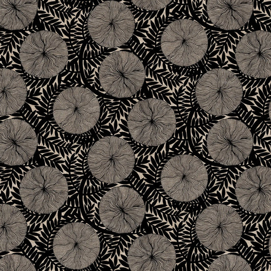 Black and white pattern with circular shapes and leaf-like lines on a black background. Linen cotton blend fabric material for sewing. 