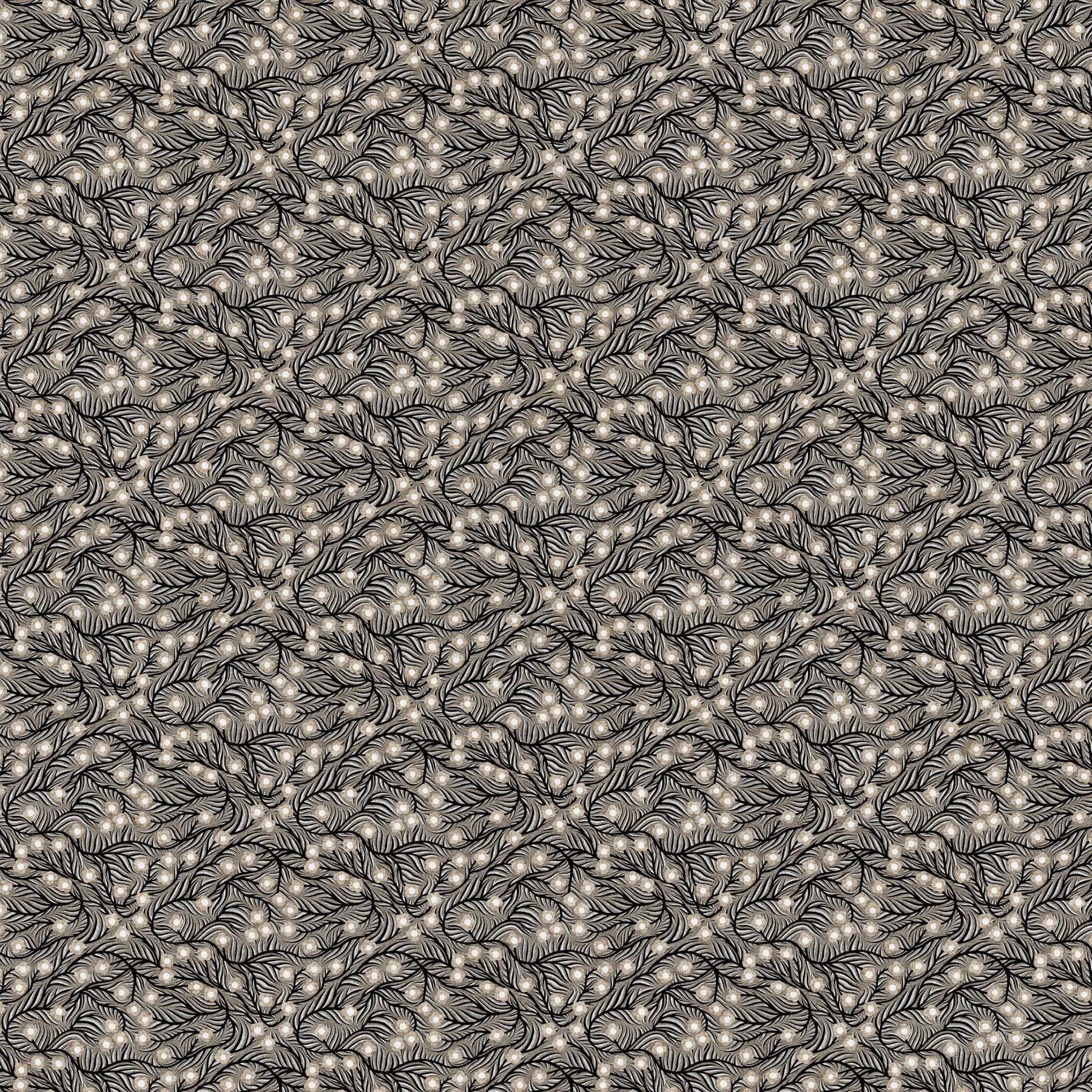 Patterned fabric with a repeating design on a black background. Linen cotton blend fabric material for sewing. 