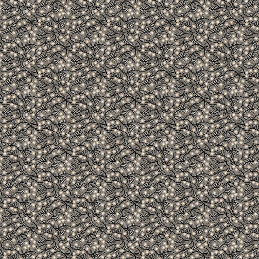 Patterned fabric with a repeating design on a black background. Linen cotton blend fabric material for sewing. 