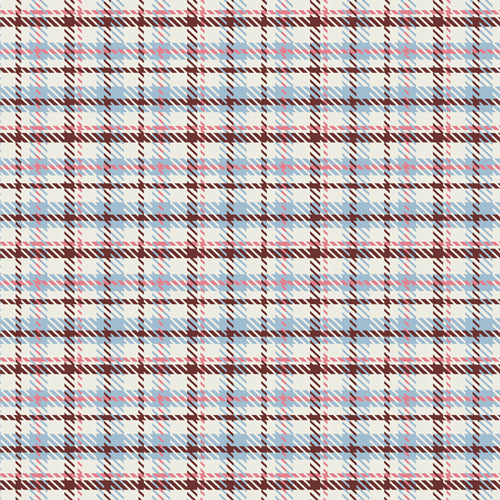 Plaid pattern fabric with red, blue, and white colors on a fabric background