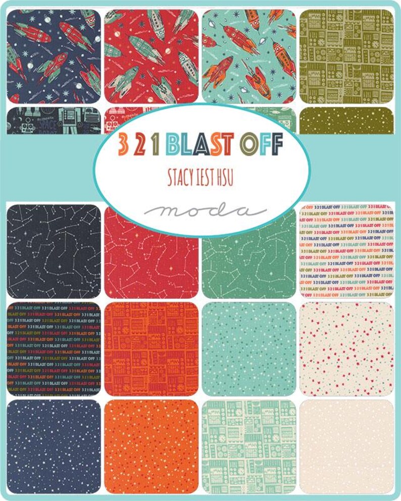 Collection of fabric swatches with space-themed patterns and '321 Blast Off' branding.