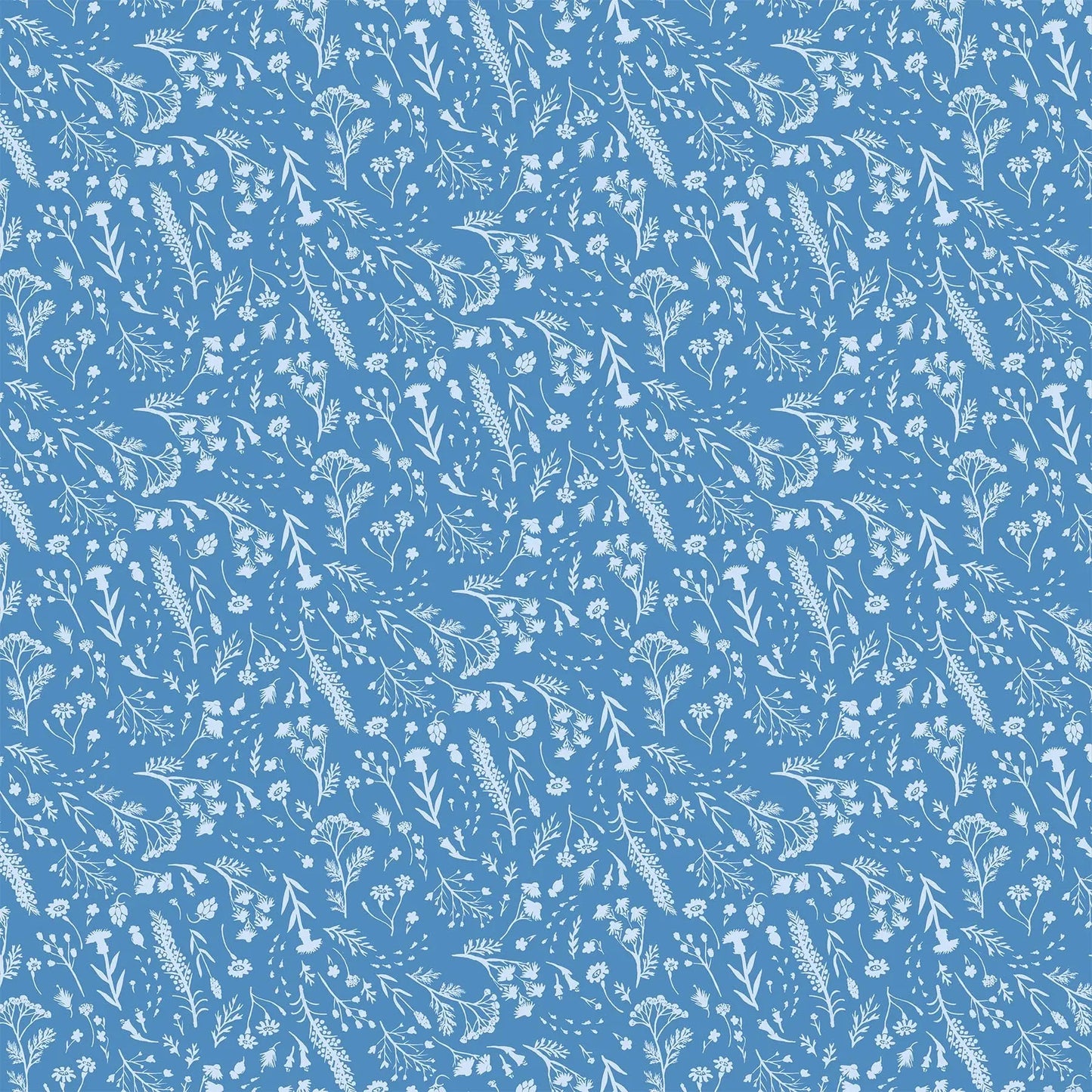 blue colored fabric with flowers and foliage illustrations in white.  typically used for quilting and crafting. from Eden from FIGO Fabrics 